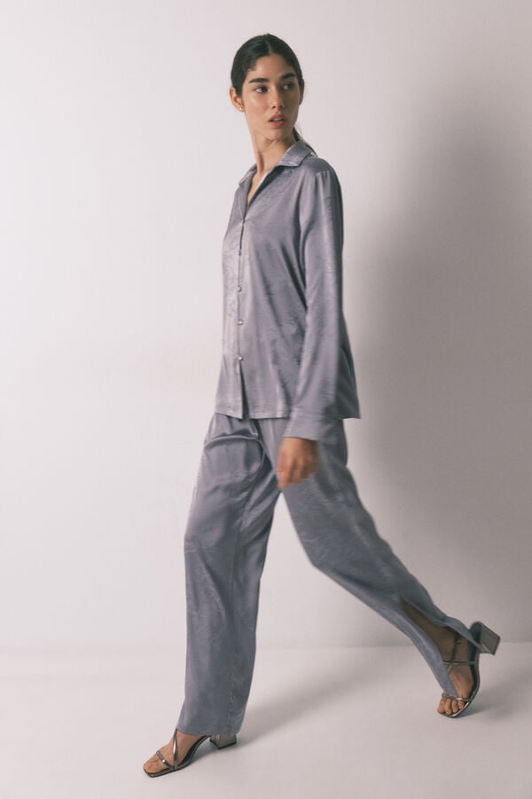 Women'secret Pijama camiseiro comprido cetim jacquard cinzento cinzento
