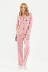 Trendyol Conjunto de pijama camiseiro com bolso e debrum de algodão rosa  rosa