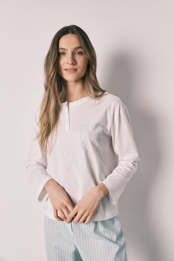 Women'secret Pijama comprido em algod&atilde;o com cal&ccedil;as &agrave;s riscas verde bege