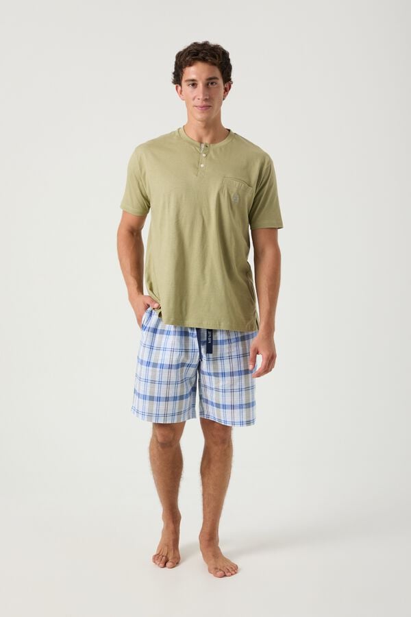 Kiff-Kiff Pijama curto combinado cal&ccedil;as xadrez azul verde e T-shirt verde claro azul