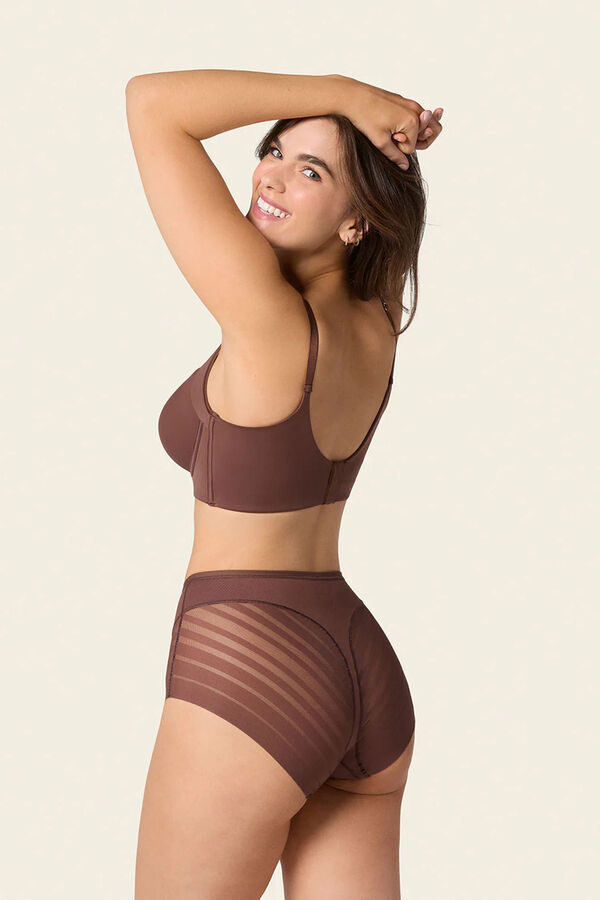 Leonisa Cueca cinta cl&aacute;ssica com controle moderado da barriga e faixas de tule castanho