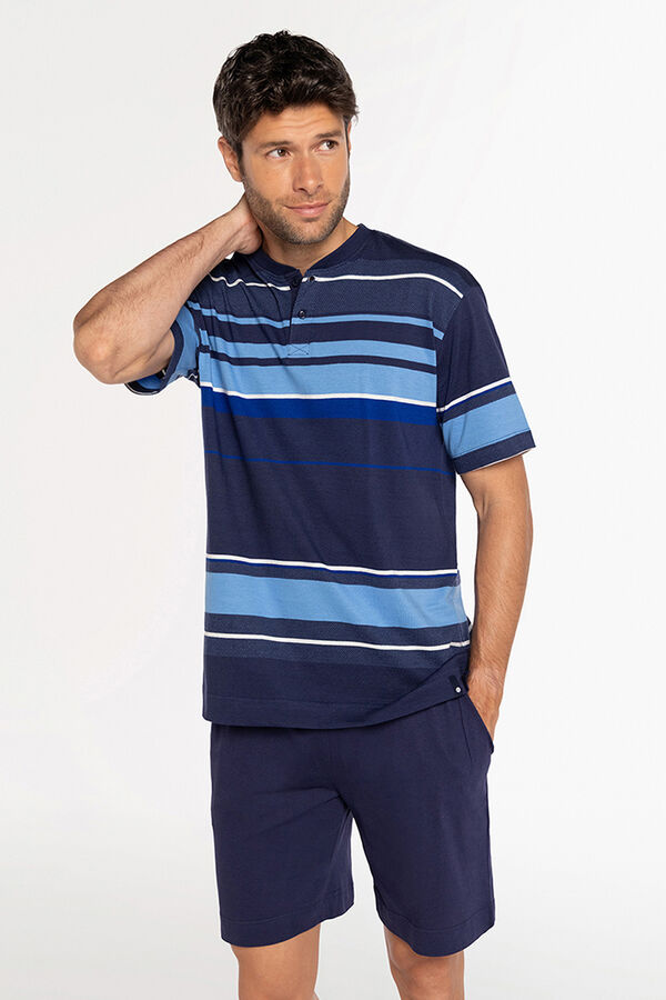 Punto Blanco Pijama curto de riscas em 100% algod&atilde;o azul