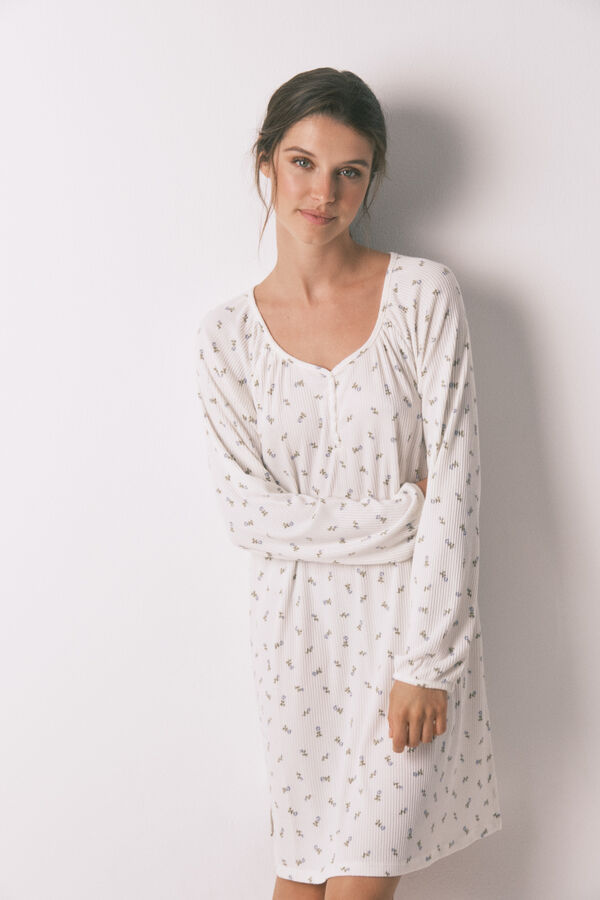 Women'secret Camisón holgado midi blanco print flores marfil