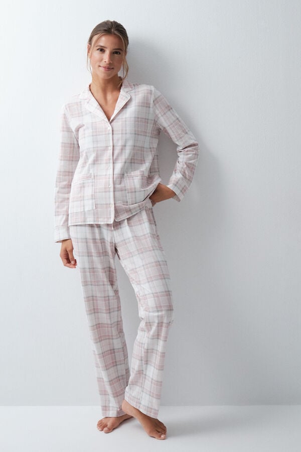 Women'secret Pijama comprido camiseiro em algod&atilde;o xadrez cru