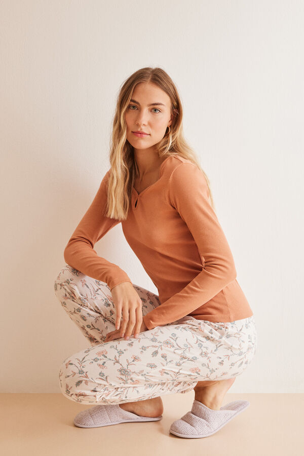 Pijama comprido 100% algodão estampado flores