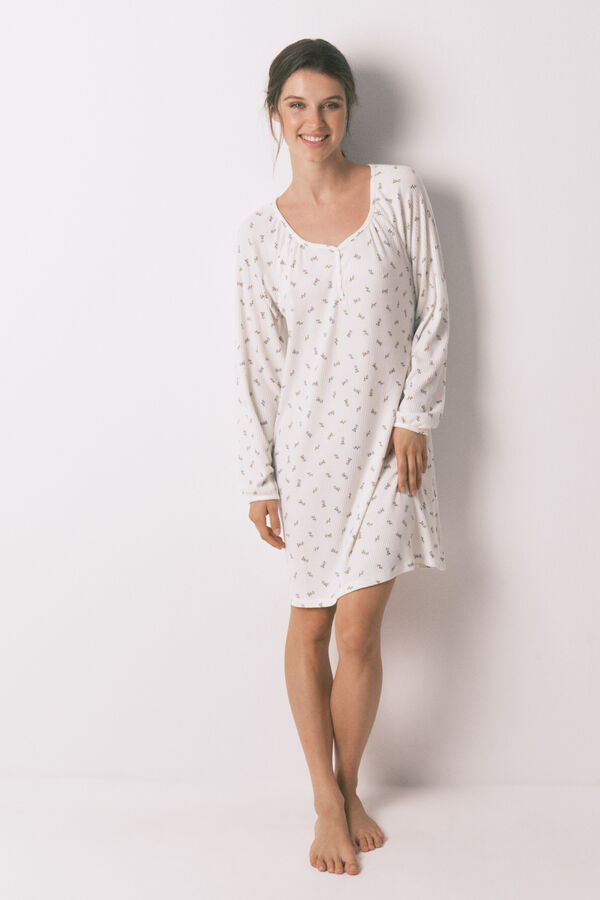 Women'secret Camisón holgado midi blanco print flores marfil