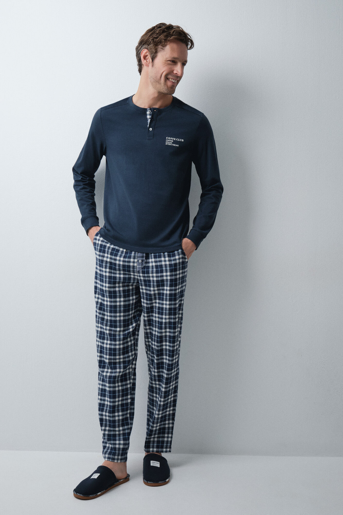 Women'secret Pijama comprido em algod&atilde;o azul-marinho xadrez