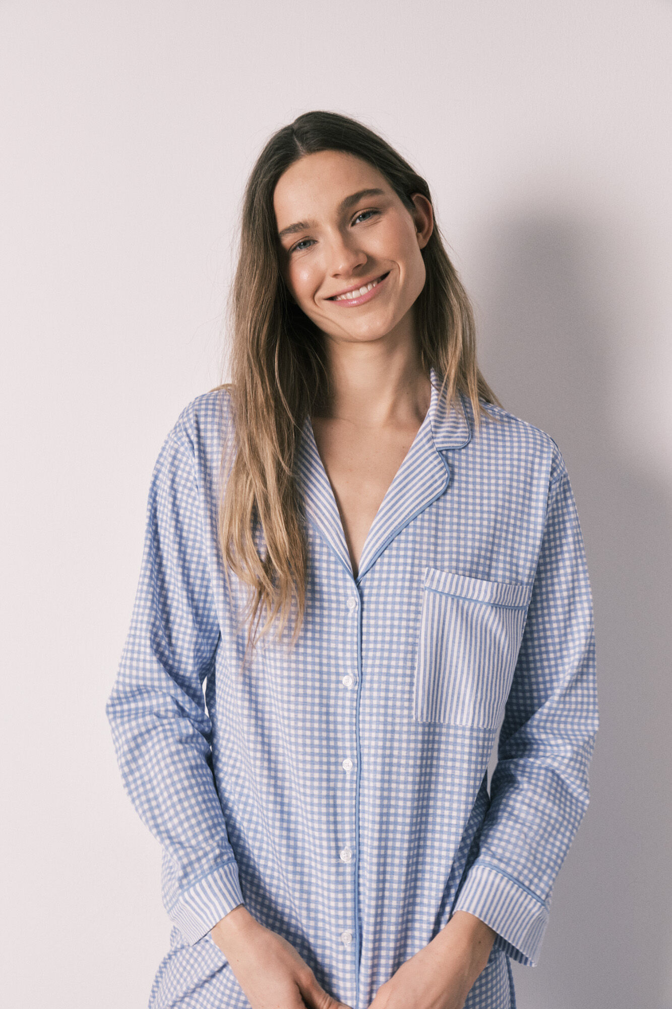 Women'secret Pijama camiseiro comprido estampado vichy em algod&atilde;o azul
