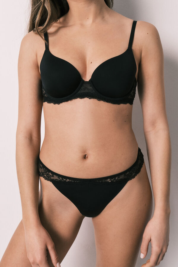 Women'secret Tanga microfibra y encaje negra negro