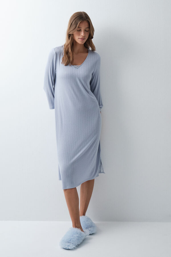 Women'secret Camisa de dormir midi azul com detalhes em renda azul