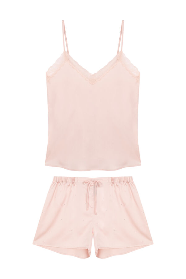 Women'secret Pijama curto de cetim com renda rosa rosa