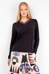 Gisela T-shirt com detalhe de renda no renda preto