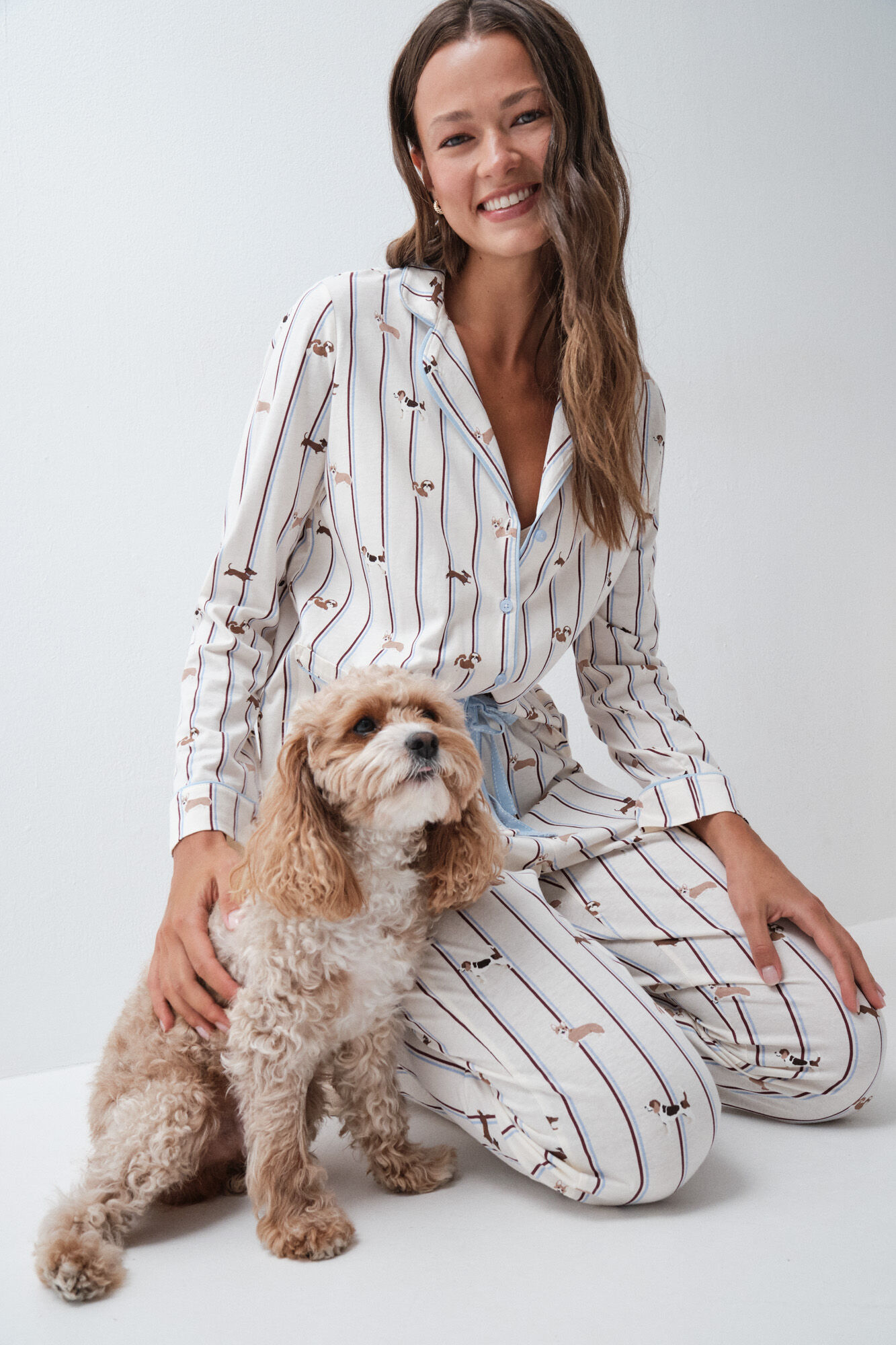 Women'secret Pijama comprido camiseiro de riscas com c&atilde;es