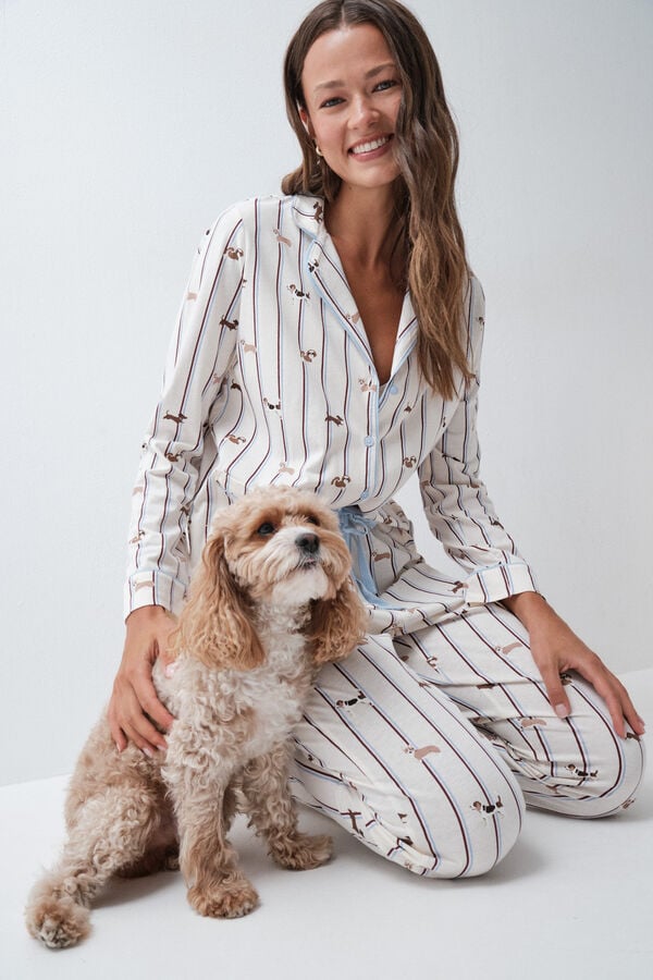 Women'secret Pijama comprido camiseiro de riscas com c&atilde;es branco