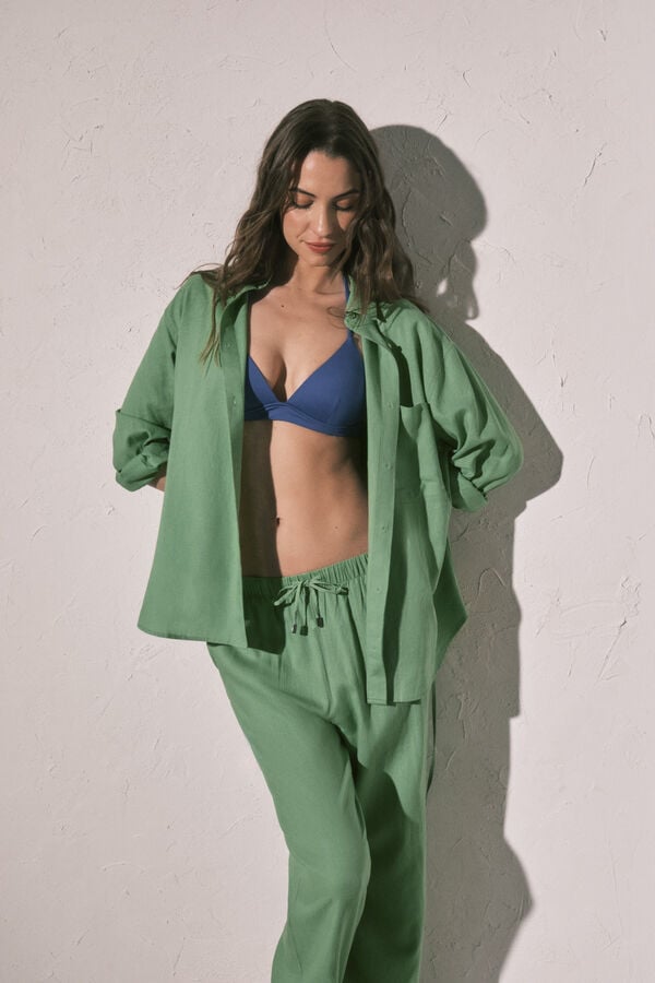 Women'secret Camisa de manga comprida em linho verde verde