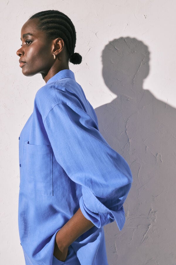 Women'secret Camisa de manga comprida em linho azul azul