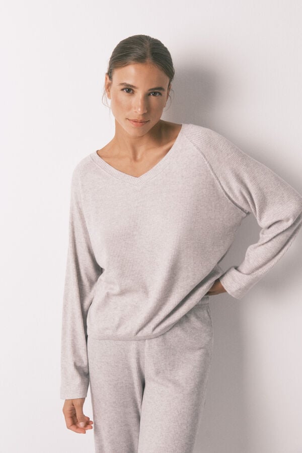 Women'secret Pijama longo cinza canelado escovado cinzento
