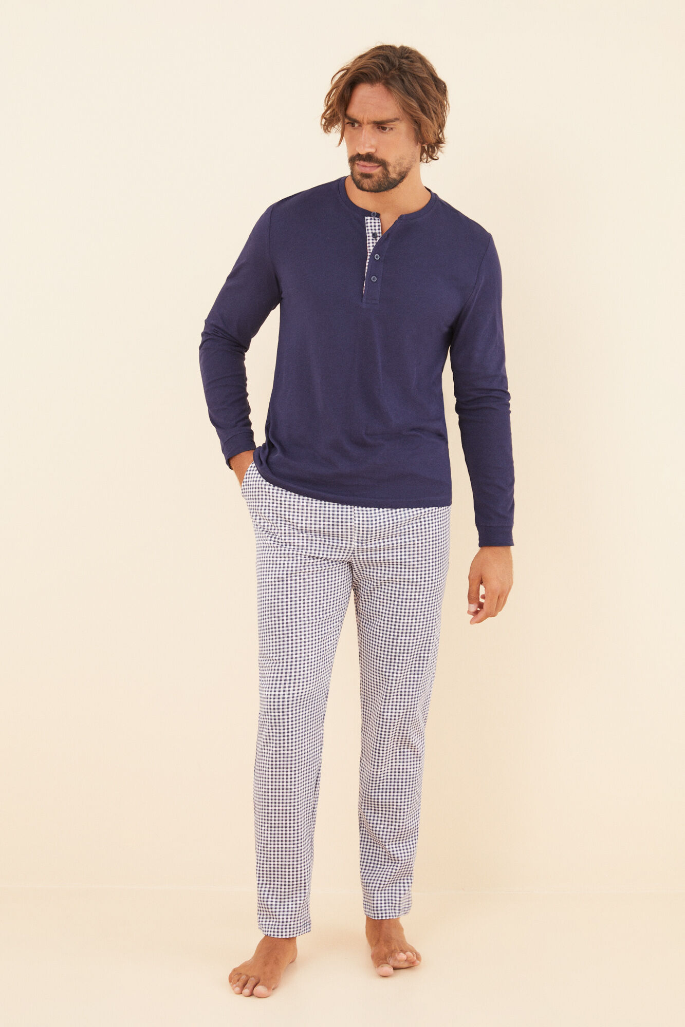 Men's long 100 cotton checked pyjamas Men's pyjamas Cortefiel