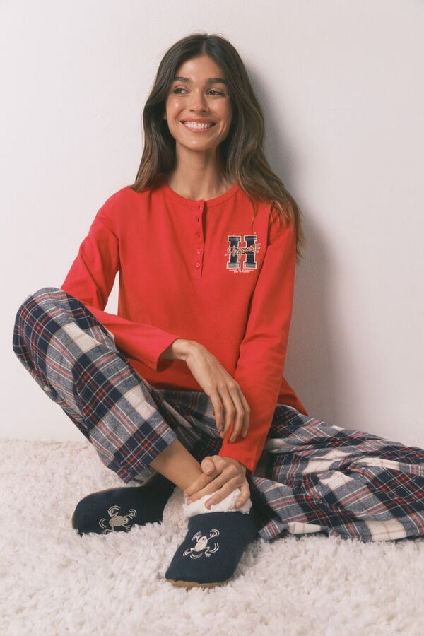 Women'secret Pijama comprido 100% algodão estampado xadrez "Hogwarts" vermelho