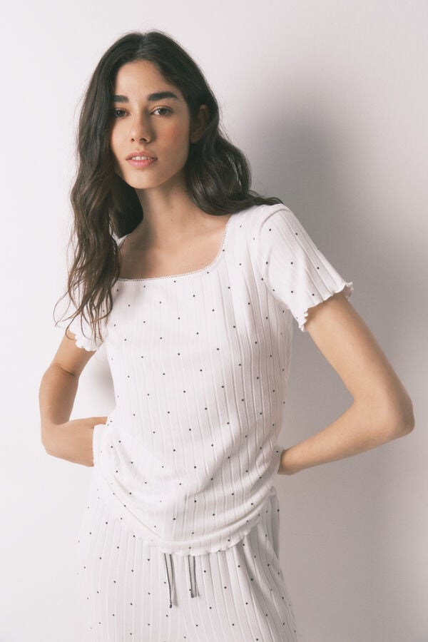 Women'secret Pijama canelado estampado de estrelas branco bege