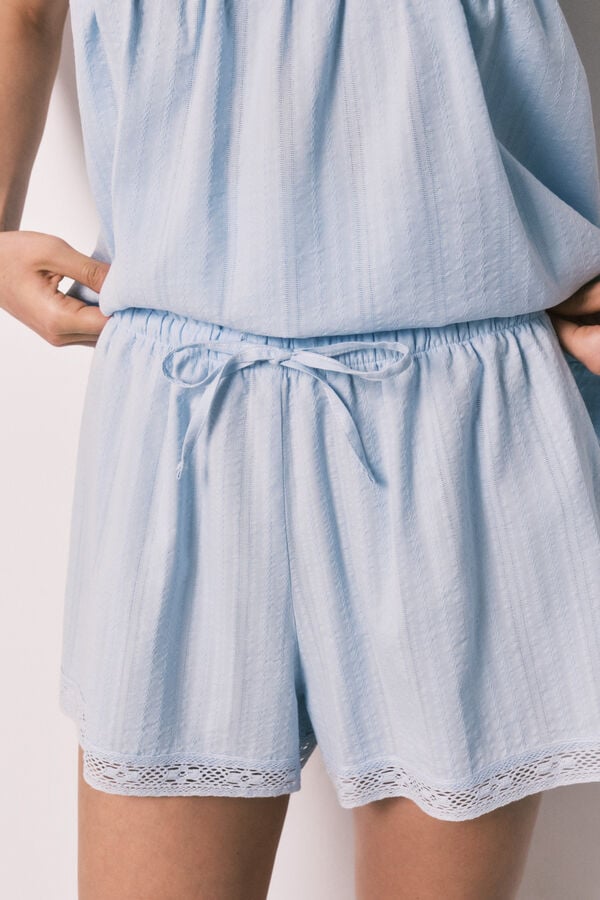 Women'secret Pijama curto em algod&atilde;o e renda azul azul