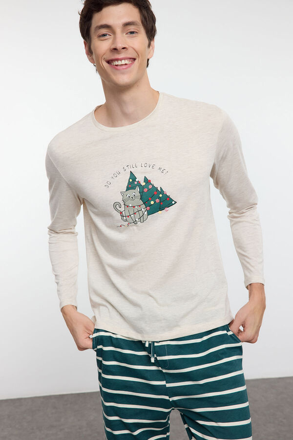 Trendyol Conjunto de pijama de casal bege de Natal com riscas, corte regular  bege