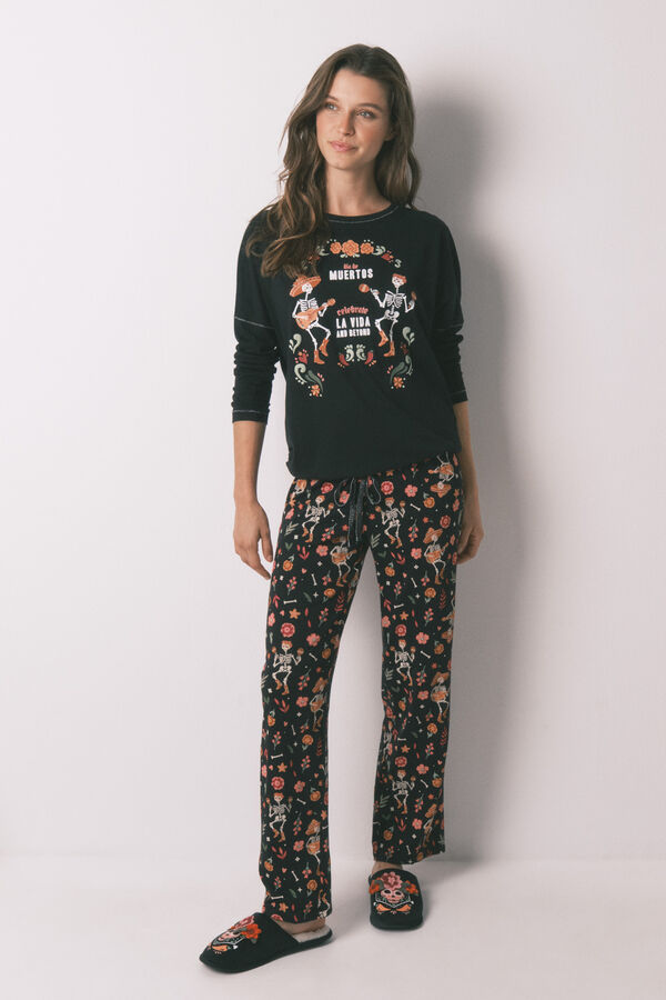 Women'secret Pijama largo 100% algod&oacute;n "D&iacute;a de muertos" negro negro