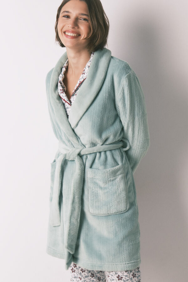 Women'secret Robe midi cruzado de polar azul azul