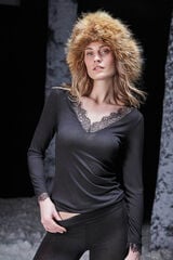 Gisela T-shirt térmica gola em V com renda preto