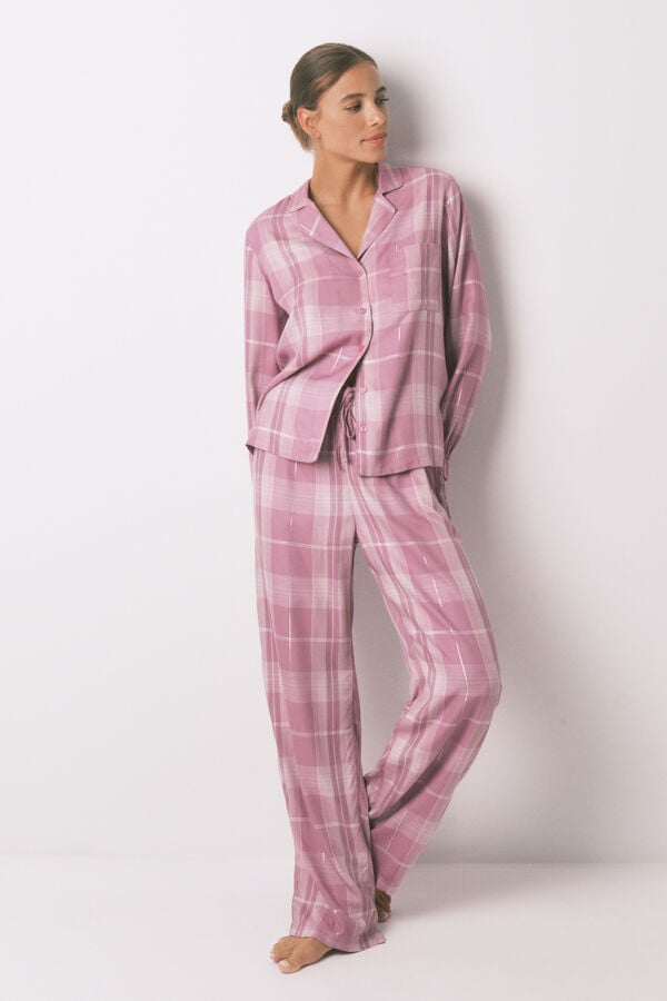 Women'secret Pijama camiseiro longo de viscose xadrez rosa rosa