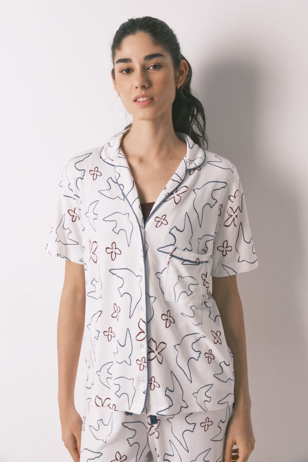 Women'secret Pijama camiseiro estampado de p&aacute;ssaros em algod&atilde;o branco branco