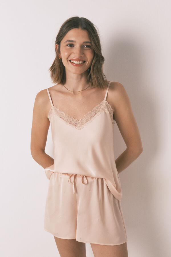 Women'secret Pijama curto de cetim com renda rosa rosa