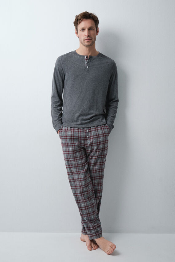 Pijama largo algodón cuadros gris