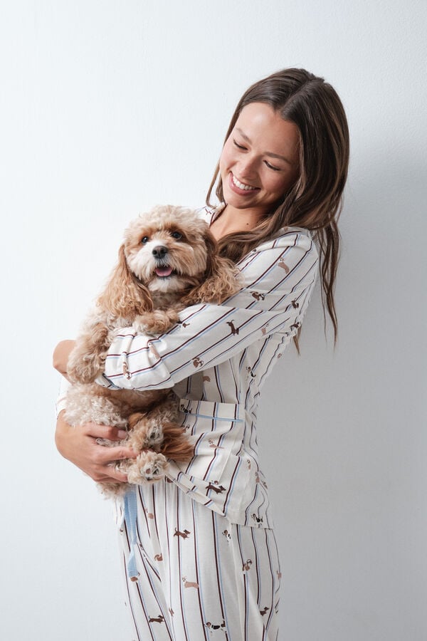 Women'secret Pijama comprido camiseiro de riscas com c&atilde;es branco