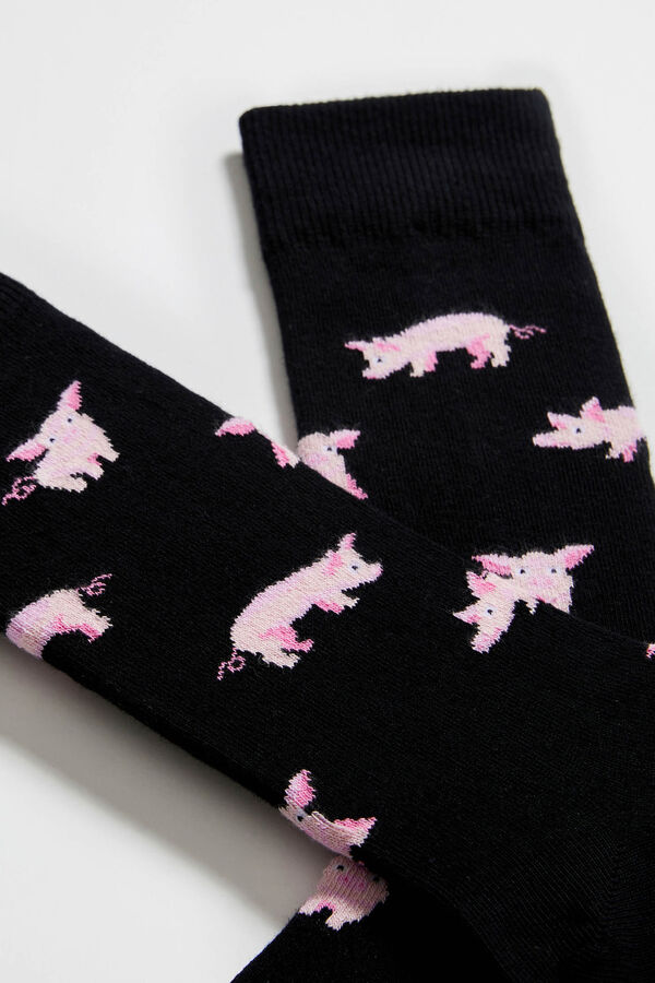 Besocks Meias altas estampado de porquinhos em algod&atilde;o org&acirc;nico preto