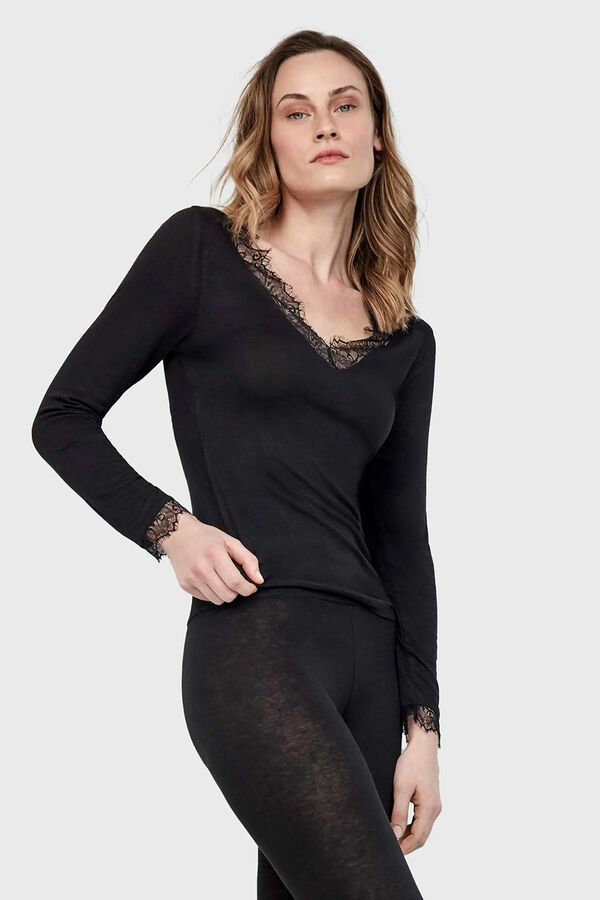 Gisela T-shirt térmica gola em V com renda preto