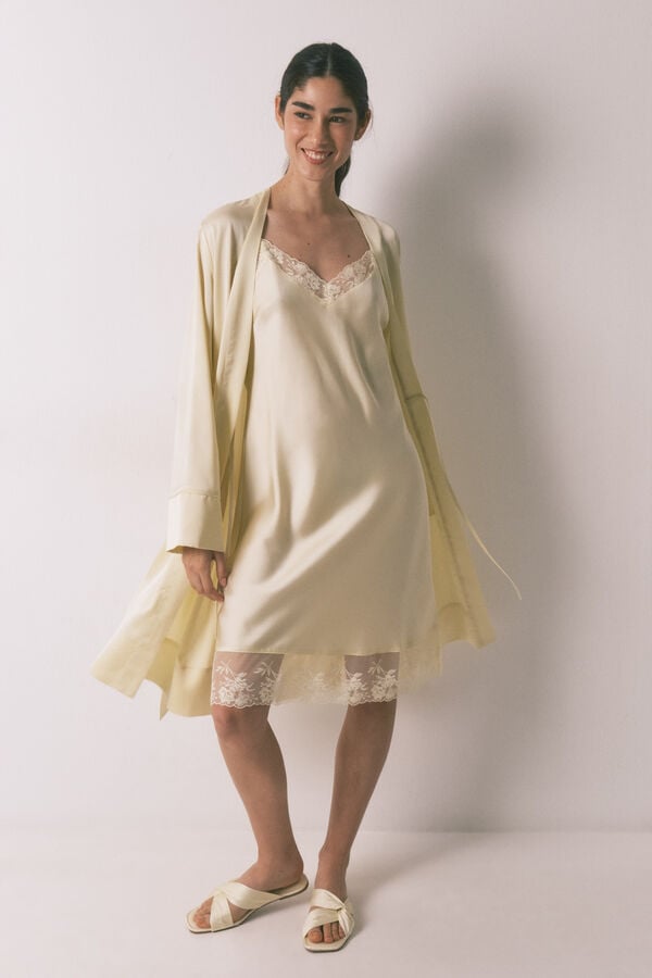 Women'secret Camisa de dormir curta cetim e renda amarelo estampado