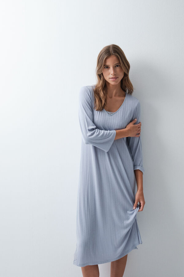 Women'secret Camisa de dormir midi azul com detalhes em renda azul
