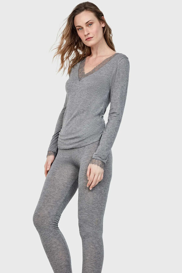 Gisela T-shirt térmica gola em V com renda cinzento