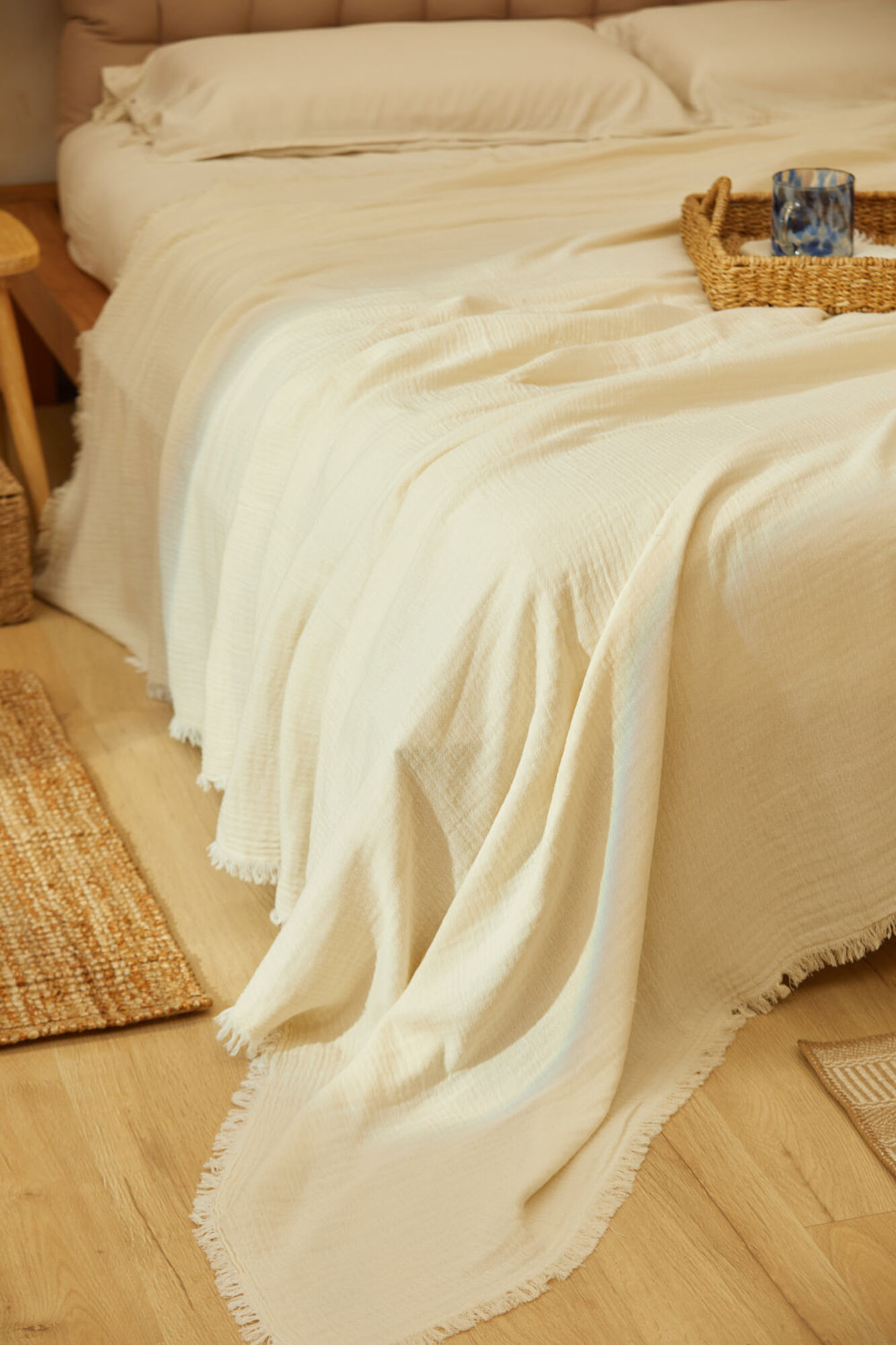 Calma House Camada de colcha de algod&atilde;o musselina crua