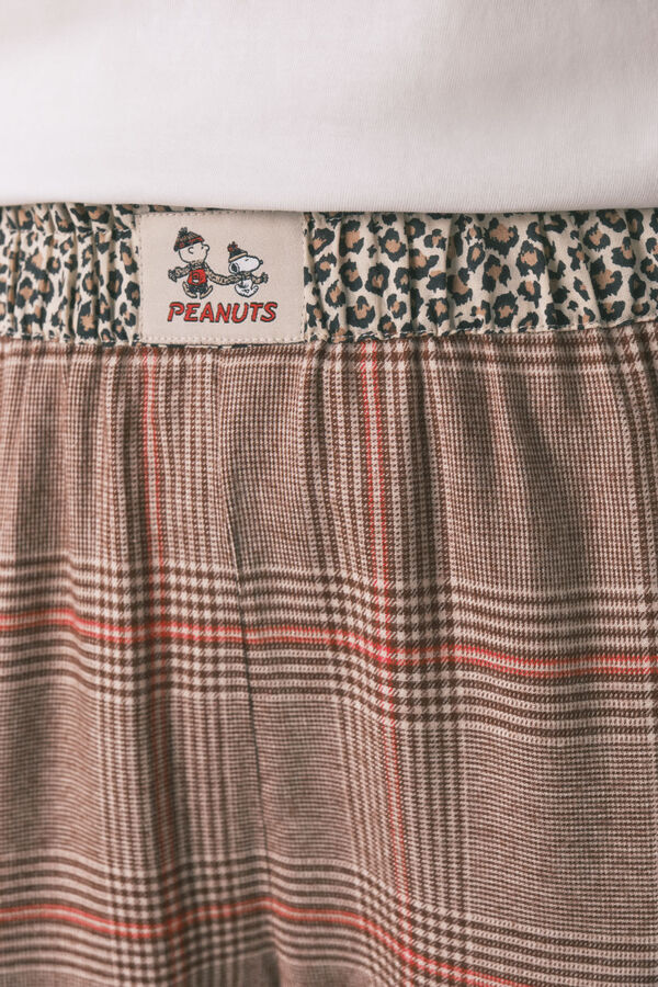 Women'secret Pijama longo 100% algodão estampado xadrez Snoopy bege