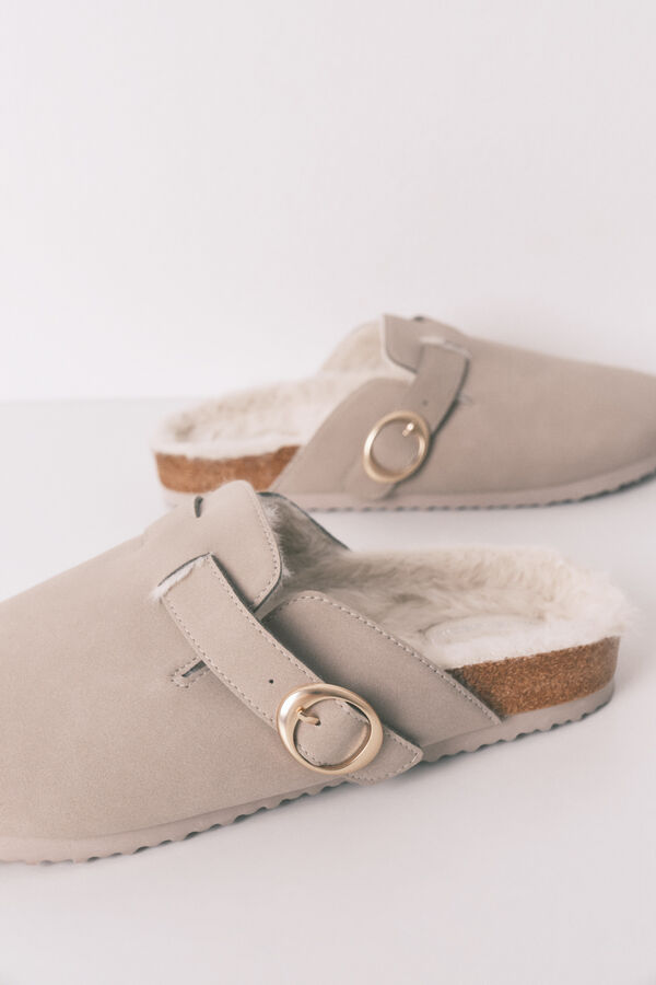 Women'secret Chinelos de quarto estilo tamanco de pele cinza cinzento