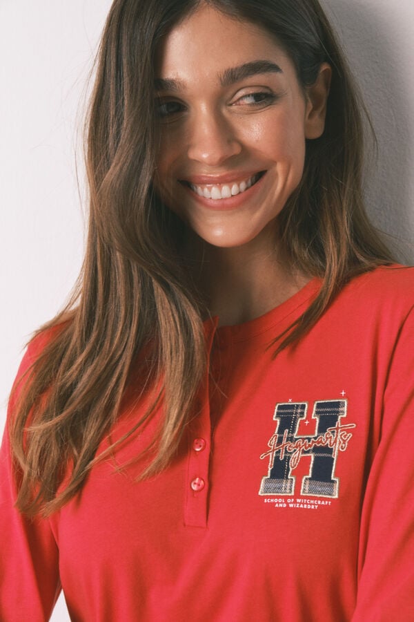 Women'secret Pijama comprido 100% algodão estampado xadrez "Hogwarts" vermelho