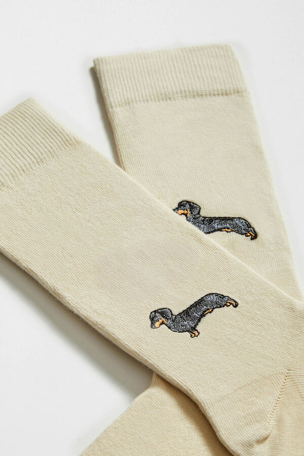 Besocks Meias altas estampado c&atilde;o salsicha em algod&atilde;o org&acirc;nico branco