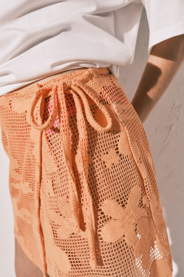 Women'secret Pareo curto em crochet de flores laranja vermelho