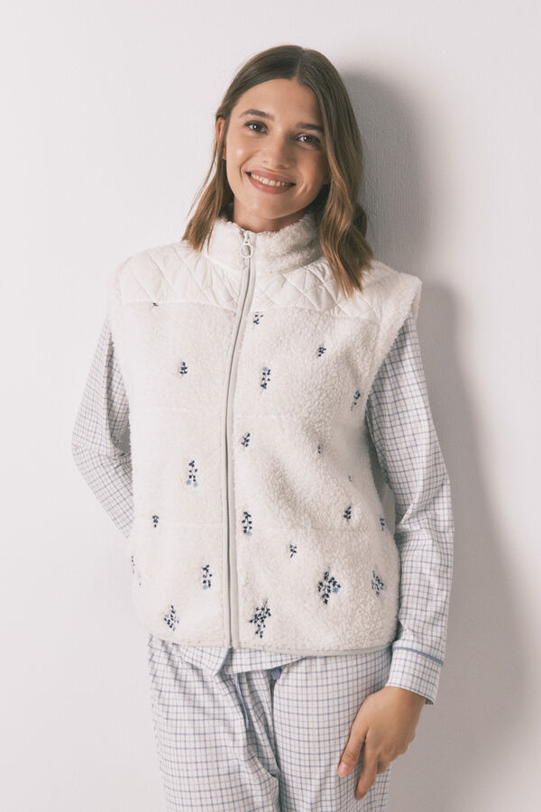 Women'secret Colete curto de pele de borrego branco bordado branco