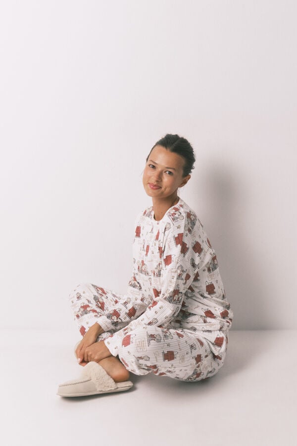 Women'secret Pijama longo em canelada extrassuave branco do Snoopy bege
