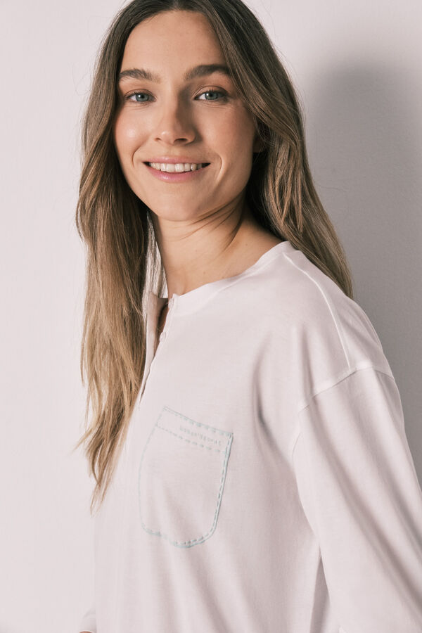 Women'secret Pijama comprido em algod&atilde;o com cal&ccedil;as &agrave;s riscas verde bege