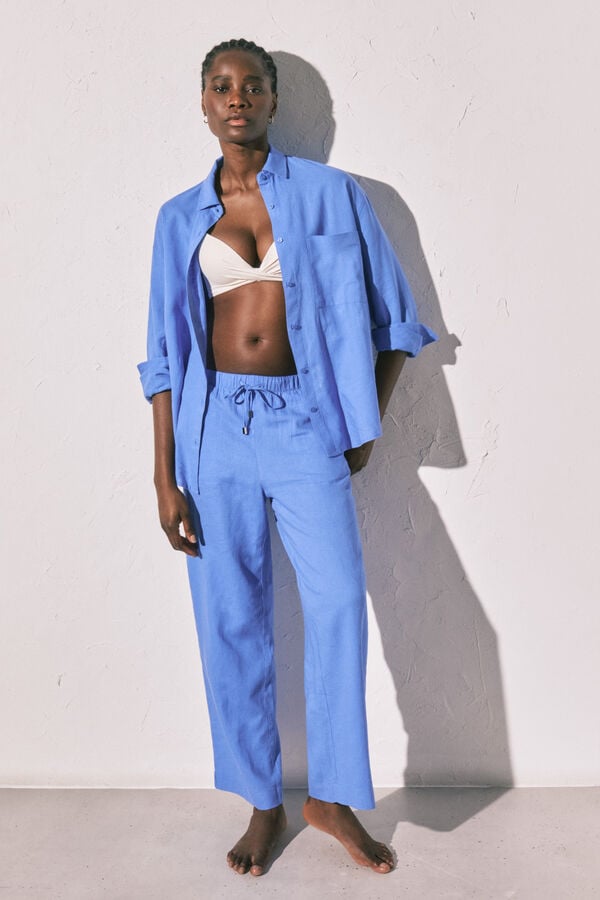 Women'secret Cal&ccedil;as compridas de linho azul azul