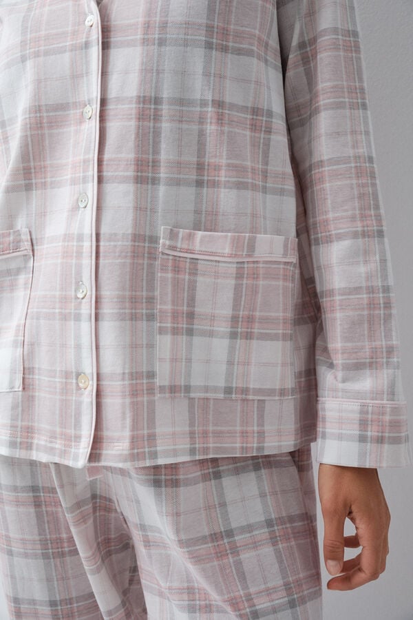 Women'secret Pijama comprido camiseiro em algod&atilde;o xadrez cru